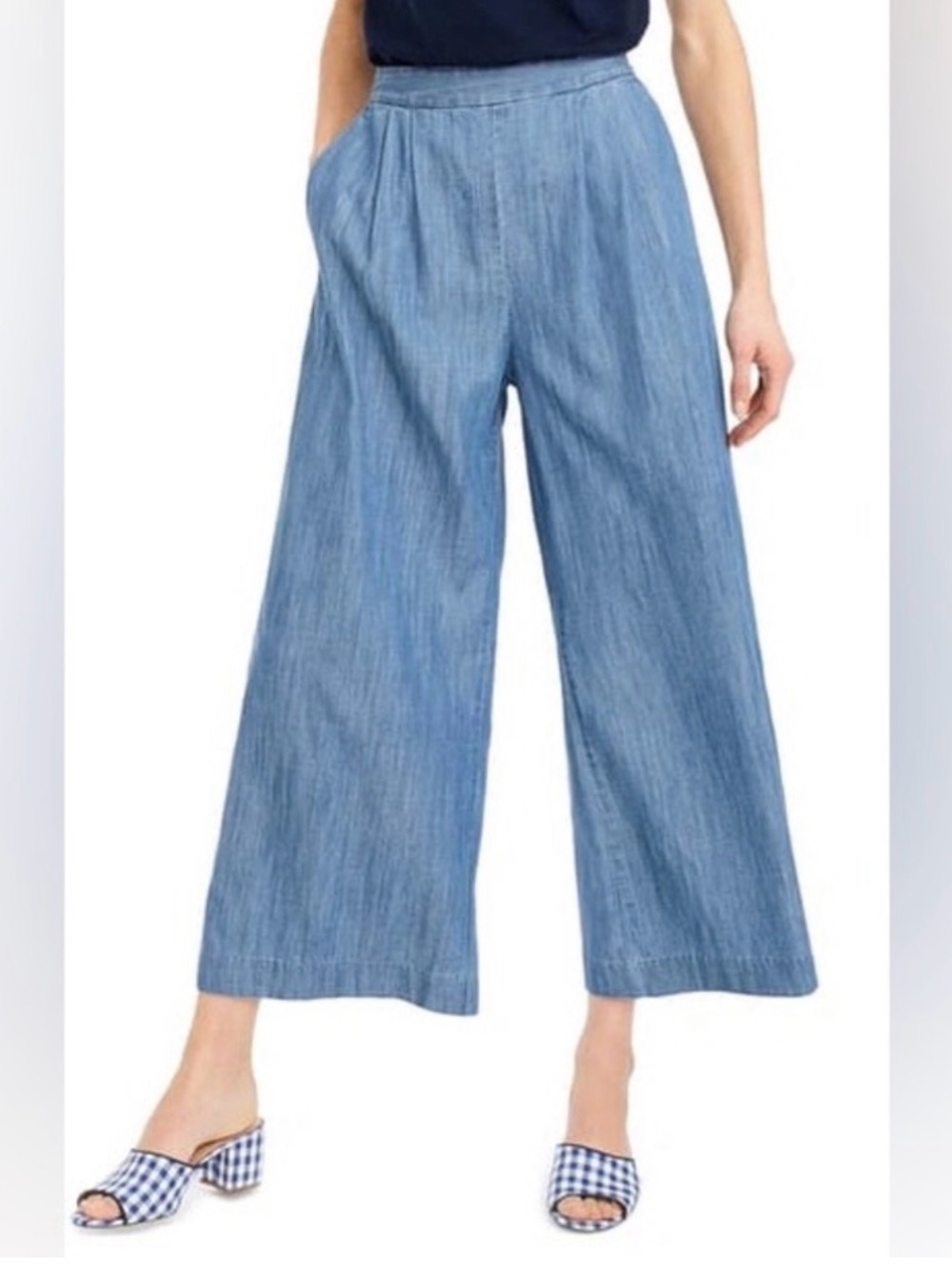 J. Crew Wide-Leg Cropped Chambray Denim Culotte Pants, Size 2 pull on elastic